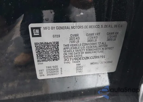 2019 GMC Sierra 1500 Slt from USA, damaged, VIN 3GTU9DED2KG299791
